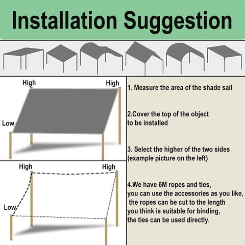 Installation diagram for Heavy Duty Shade Sail 11x14 Ft 220 GSM Polyester Waterproof Outdoor Canopy Cover UV Block Up To 98 Percent.