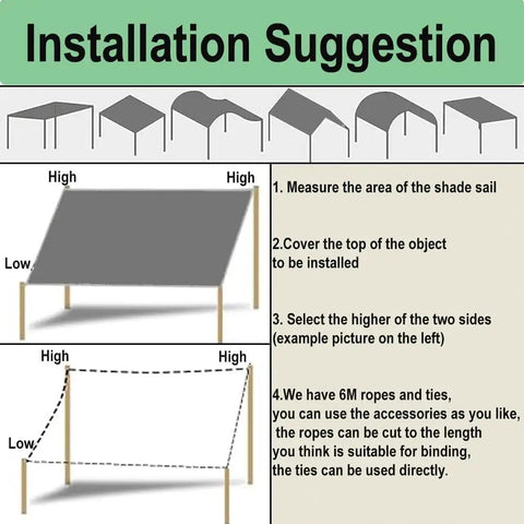 Heavy Duty Shade Sail 220 GSM 8x16 Feet Waterproof Outdoor Canopy installation guide with diagrams and instructions.