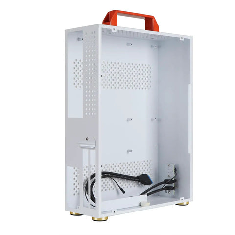 Side view of a white carryable micro ATX PC case with handle, ventilation panels, for small form factor builds ITX MATX mini tower.