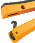 Ratcheting PVC Cutter For One Hand Fast Cuts From Half Inch To One And Quarter Inch White And Gray Schedule 40 And 80 PVC Quick Blade Release No Tools Required For Instant Blade Change Replacement Blade Available, orange handle detail.