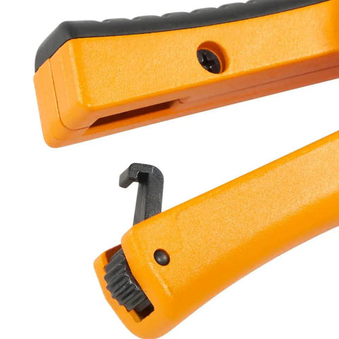Ratcheting PVC Cutter For One Hand Fast Cuts From Half Inch To One And Quarter Inch White And Gray Schedule 40 And 80 PVC Quick Blade Release No Tools Required For Instant Blade Change Replacement Blade Available, orange handle detail.