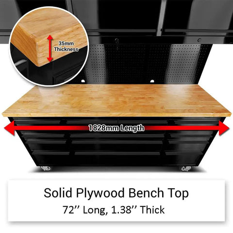 Tough As Nails 72 Inch Rolling Tool Chest With Fifteen Deep Drawers And Three Spacious Upper Cabinets heavy duty plywood bench top 72'' long 1.38'' thick