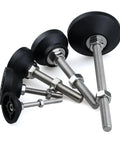 Heavy Duty Adjustable Leveling Feet With Swivel Base And Rubber Bottom For Wobbly Furniture Workbench And Machinery M8 M10 M12 Thread showing varying sizes and rubber soles.