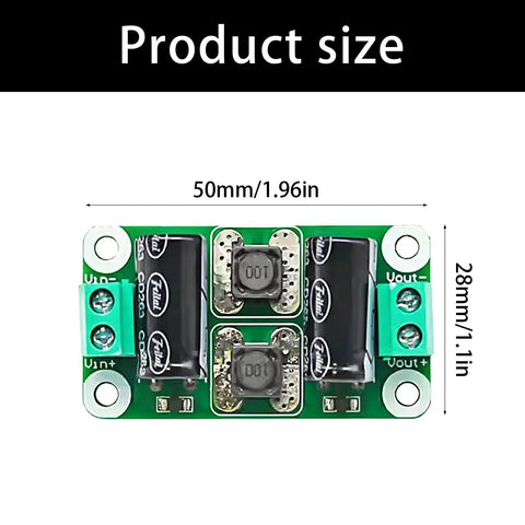 Clean Power Supply Filter Board Zero To Fifty Volt Three Amp Hiss Killer for Car Audio and Industrial Gear, size 50mm x 28mm.