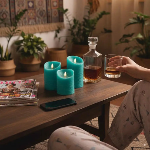 Turquoise Real Wax Flameless Candles Set Of 3 on coffee table with remote, glass of whiskey, and magazines in cozy living room.