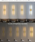 Adjustable brightness shown for Slick Wireless Rechargeable Wall Sconces Set Of 2 Battery Powered Gold Light Fixtures.