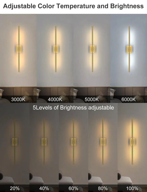 Adjustable brightness shown for Slick Wireless Rechargeable Wall Sconces Set Of 2 Battery Powered Gold Light Fixtures.