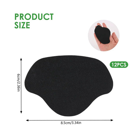 12 Pcs Self-Adhesive Inside Shoe Heel Repair Patches Kit for Sneakers and Mesh Shoes with dimensions shown