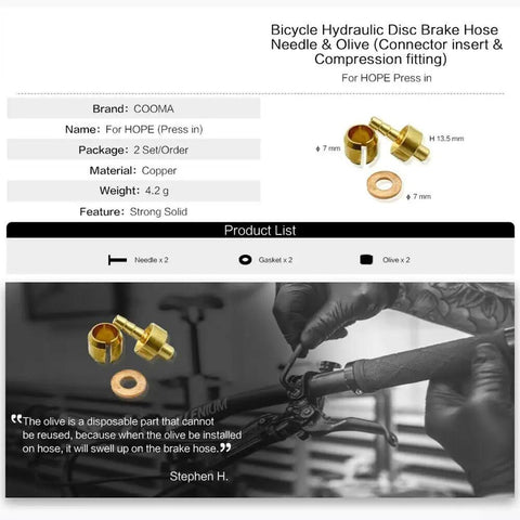 Pro Grade Hydraulic Brake Hose Fittings Feature Copper Olive Head Connectors For Tech3 V4 E4 X2 Supermoto Bike Ensure Tight Seals And Reliable Flow Built From Aluminum Alloy For Long Life And Leak Proof Works Rad On Streets Or Tracks For Performance. 7mm copper brake hose fittings for HOPE press-in