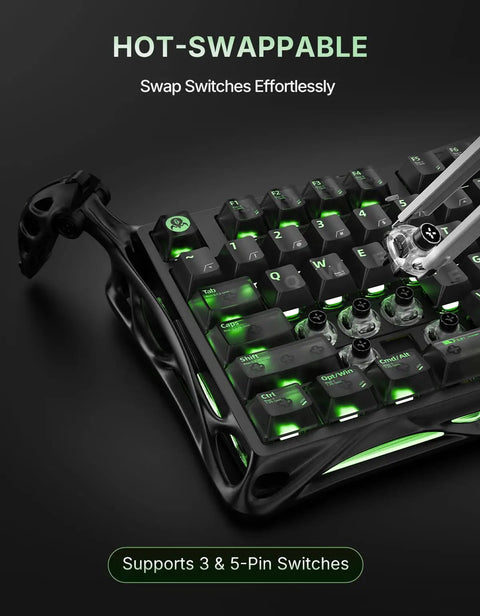 Close-up of Slick 98 Key Wireless Mechanical Gaming Keyboard highlighting hot-swappable switches and RGB lighting.