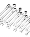 22 Piece Flex Head Ratcheting Wrench Set With SAE And Metric Sizes In Chrome Vanadium Steel, angled view of full set