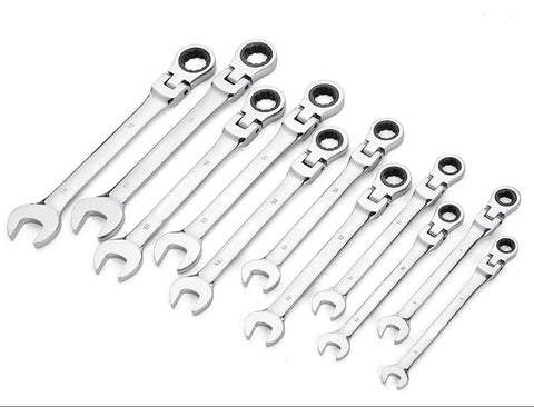 22 Piece Flex Head Ratcheting Wrench Set With SAE And Metric Sizes In Chrome Vanadium Steel, angled view of full set