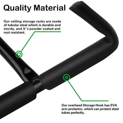 Close-up of black steel Beefy Heavy Duty Overhead Garage Storage Rack Set Of 2 with EVA arm protector and rust-resistant finish.