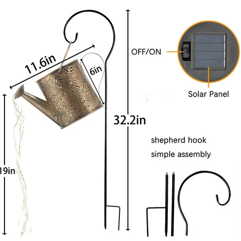 Sun Powered Watering Can Lights For Garden With Cascading LED Pouring Water Effect diagram with sizes and parts