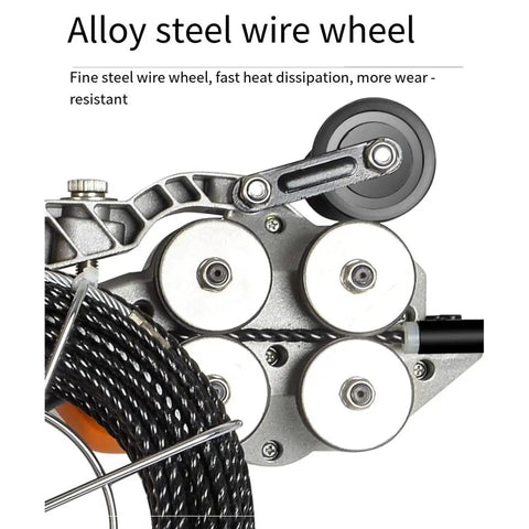 Close-up of alloy steel wire wheel on Cordless Brushless Electric Wire Puller 800W With 21V 4000mAh Battery.