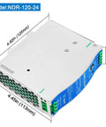 Beefy 24V DC Power Supply Dual Output 120W For DIN Rail Mount, 100-240VAC Input, 24VDC 5A Output Blue Enclosure with dimensions