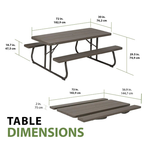 Dimensions of Six Foot Folding Picnic Table With Classic Rugged Steel Frame Seats Eight UV Protected Top Weather And Rust Resistant