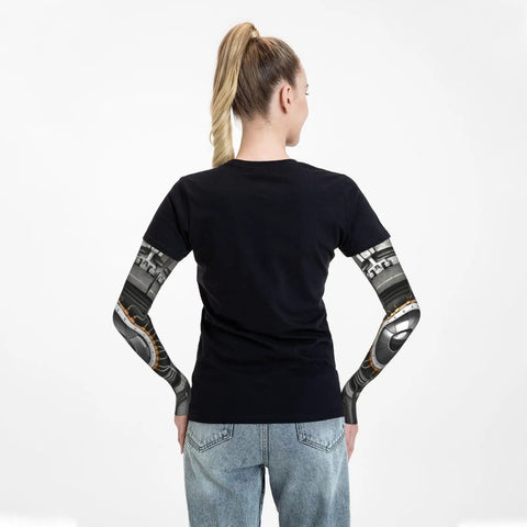 Cyborg Arm Sleeves For Men And Women Cool Stretchy Compression Sleeve For Cycling Golf Running And Fishing on model from back