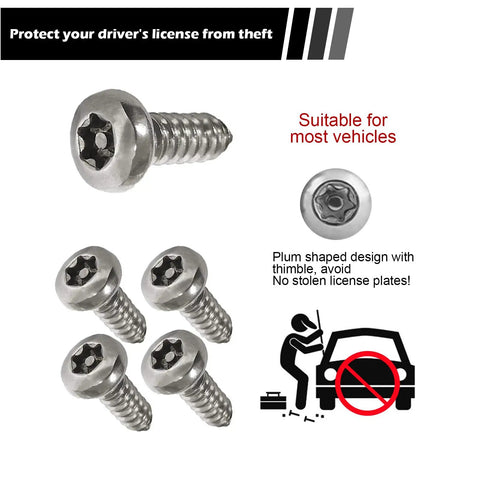 Four Pack Stainless Steel Anti Theft License Plate Screws with rustproof Torx head bolts, universal fit for cars, easy install