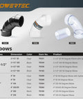Black and clear elbow connectors with specs chart, featuring 4 Inch 45 Degree ABS Dust Collector Elbow Connector 2 Pack For 4 Inch ID Hoses And Tool Ports Black Durable DIY Woodworking Dust Collection Upgrade For Shop Setup And Easy Install.