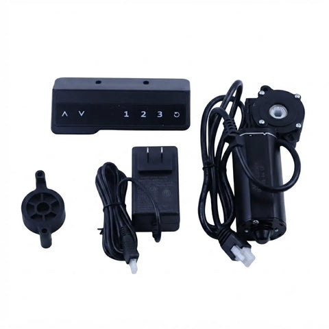Heavy Duty 24V Height adjustable desk motor kit with manual control components including controller, motor, and power supply.