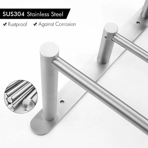 3 Tier Wall Mount Towel Rack With Double Bars 24 Inch Bathroom Storage Organizer In Brushed 304 Stainless Steel, close-up view
