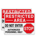 Step Up Site Security With Heavy Duty Reflective Aluminum Warning Signs Bold Restricted Area And Do Not Enter Text Shields Authorized Personnel Only Areas Rugged Waterproof Plates Measure 14 By 10 Inches Zero Sweat Hang Indoors Or Outdoors. Two heavy duty reflective aluminum warning signs, 14x10 inches, marked 'Restricted Area' and 'Do Not Enter'.