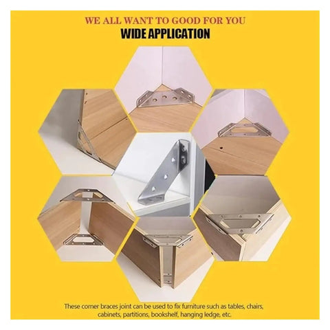 Tough As Nails 10 Pack Heavy Duty Stainless Steel Corner Braces For Wood Shelves Furniture DIY Projects Rock Solid Anti Wobble Stabilizer Clamps in various applications.