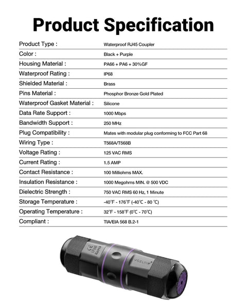 IP68 Waterproof RJ45 Coupler For Outdoor Cams And IP Gear Shielded Ethernet Connector, black PA66 housing, product specification