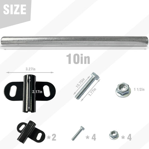 Heavy Duty Wheelbarrow Axle And Bracket Set, 10x0.63 inch axle, 2.1x3.3 inch brackets, carbon steel, with bolts and nuts