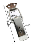 Heavy Duty Stainless Steel Duckbill Latch 2 Pack Spring Loaded Toggle Catch 130mm detailed view with measurements.