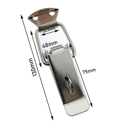Heavy Duty Stainless Steel Duckbill Latch 2 Pack Spring Loaded Toggle Catch 130mm detailed view with measurements.