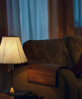 Double White Lamp Shade Set Of 2 Large Barrel Lampshades for Floor and Table Lamps on table next to sofa in cozy room