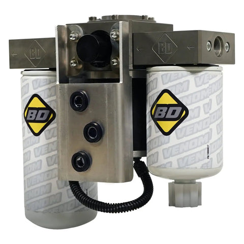 Upgraded Fuel Lift Pump Kit With Inline Filter And Water Separator For Gm 6 6 Liter Duramax Engines showing metal construction and two filters.