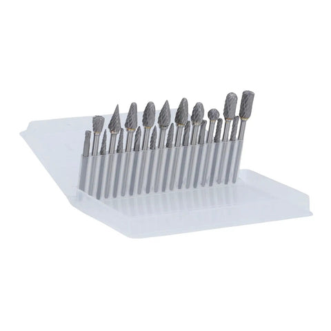 Pro Grade 20 Pcs Tungsten Carbide Double Cut Rotary Burr Set One Eighth Inch Shank Fits Dremel And Grinders Woodworking Carving Engraving Polishing With Handy Plastic Storage Box, 20 burrs in case