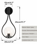 Industrial Vintage Matte Black Globe Wall Sconce Set of 2 With Clear Hand Blown Glass Shades and dimensions shown