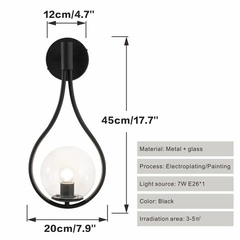 Industrial Vintage Matte Black Globe Wall Sconce Set of 2 With Clear Hand Blown Glass Shades and dimensions shown