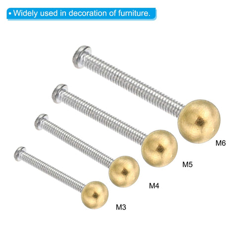 Various sizes of brass ball finials with threads displayed, focus on M4x0.7 brass ball lamp finials 15 pack cap nuts knobs for furniture lighting.