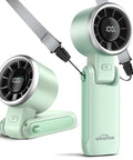 Mint Green Portable Handheld Turbo Fan That Delivers 12 Meters Per Second Wind, 15000 RPM Brushless Motor, 4000mAh Rechargeable Battery, LED Display, 3 in 1 Foldable Personal Fan For Camping Beach Travel On The Go with strap