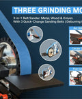 Heavy Duty Belt Grinder Sander With Badass 1500 Watt Variable Speed Metal Polishing Machine showing three grinding modes and quick-change sanding belts.