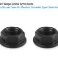 Heavy Duty M8 Flange Crank Arm Nuts For Bikes Heat Treated Steel Bottom Bracket Fasteners With Slick Black Finish Fits Like A Glove Square Taper Threaded Ride Ready Rock Solid Grip Pair close-up view of two nuts