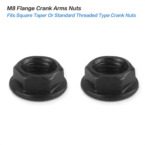 Heavy Duty M8 Flange Crank Arm Nuts For Bikes Heat Treated Steel Bottom Bracket Fasteners With Slick Black Finish Fits Like A Glove Square Taper Threaded Ride Ready Rock Solid Grip Pair close-up view of two nuts