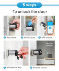 Keyless Entry Smart Door Lock With Bluetooth And App Control No Keys Needed, keypad, RFID, app, key backup options