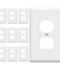 Mid Size Duplex Outlet Wall Plate 1-Gang Cover Built To Last Polycarbonate Thermoplastic, Impact And Heat Resistant, UL Listed, White Finish, Measures 4.88 By 3.11 Inches, Includes 10 Pack, Easy Install For Standard Receptacles.