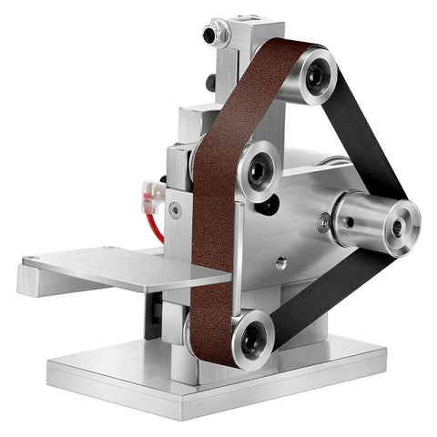 Mini Electric Belt Sander Desktop Grinder With Tough As Nails Heavy Duty Frame For Diy Woodworking Edge Sharpening And Slick Metal Polishing Home Shop Essentials, close-up view of the belt and frame.