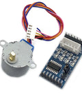 28BYJ-48 stepper motor with ULN2003 driver board, blue PCB, and multicolor wiring
