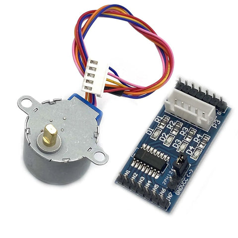 28BYJ-48 stepper motor with ULN2003 driver board, blue PCB, and multicolor wiring