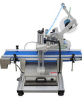 Automatic Flat Labeling Machine With Conveyor Belt For Plates And Shop Merch Smart Sensor Desktop Label Applicator 110V with blue conveyor.