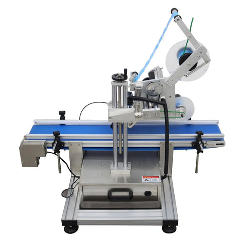 Automatic Flat Labeling Machine With Conveyor Belt For Plates And Shop Merch Smart Sensor Desktop Label Applicator 110V with blue conveyor.