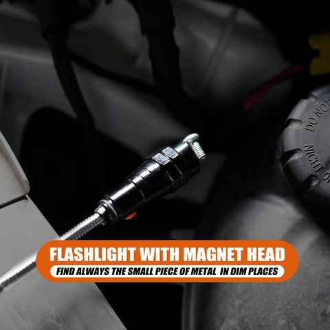 Telescoping Magnetic Pickup Tool Set With 1 Lb And 15 Lb Magnetic Probes flashlight with magnet head in dim area